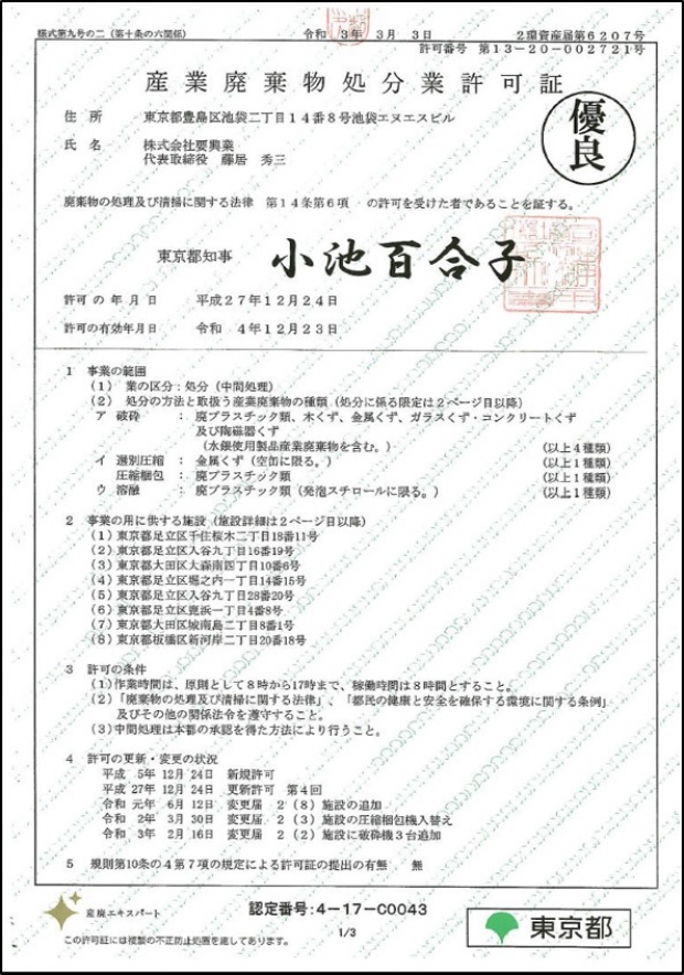 東京都の産業廃棄物処分業の許可内容が一部変更となりました。